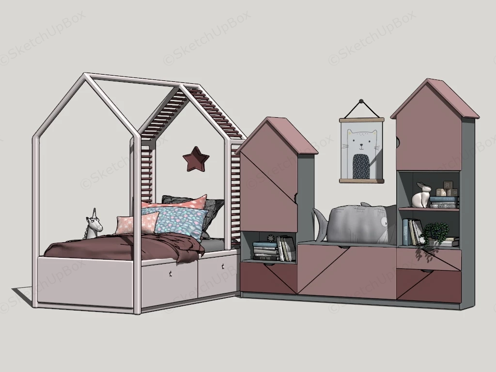 Toddler Girls Room With Bookcase sketchup model preview - SketchupBox