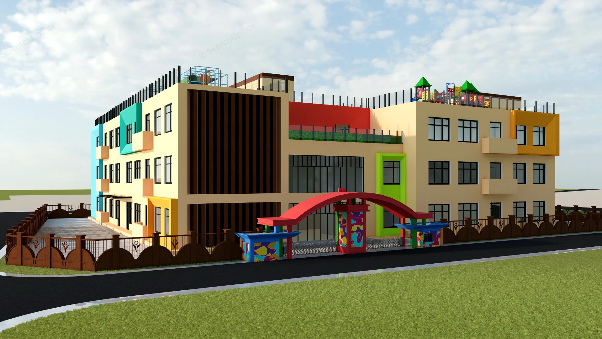 Kindergarten With Rooftop Playground sketchup model preview - SketchupBox
