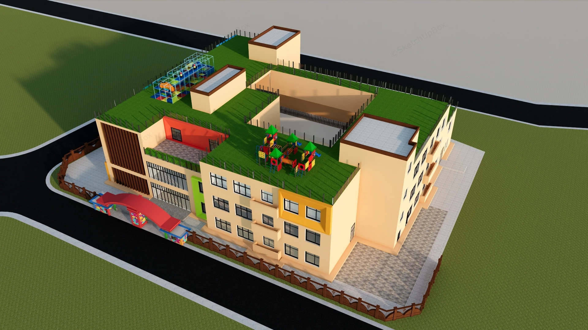 Kindergarten With Rooftop Playground sketchup model preview - SketchupBox