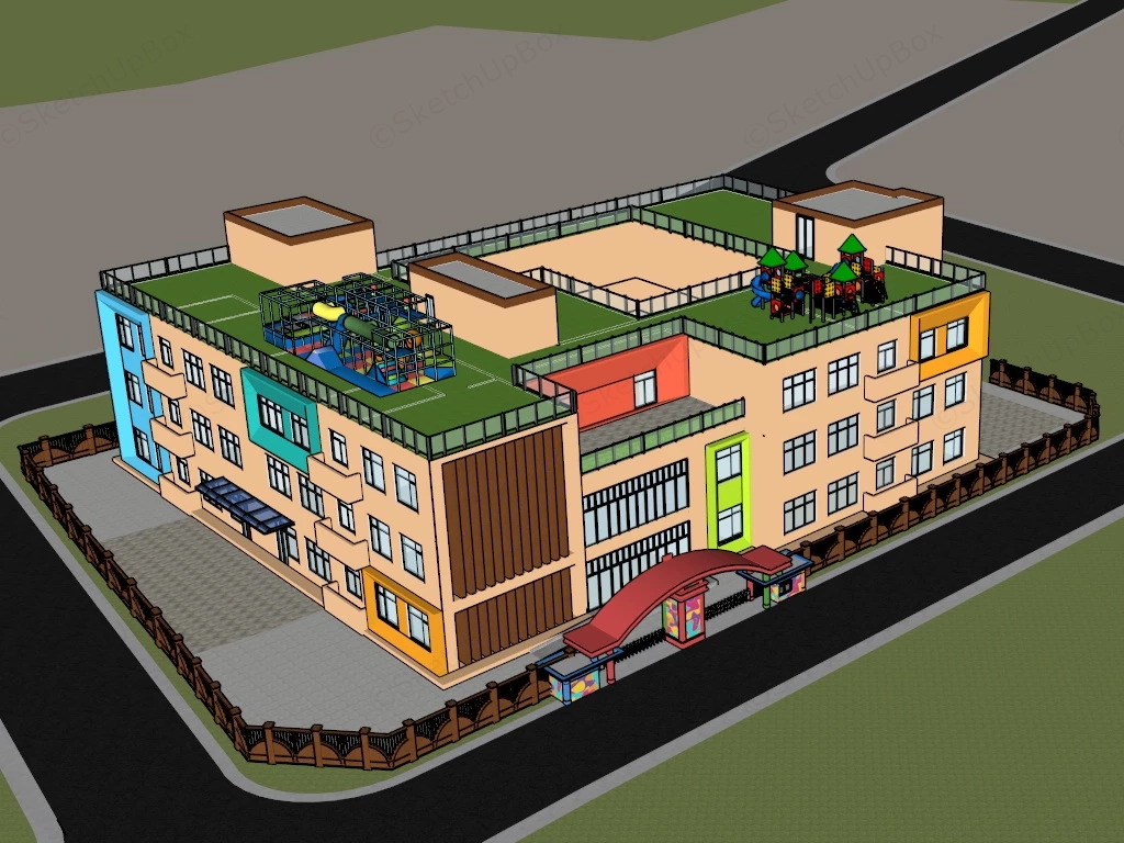 Kindergarten With Rooftop Playground sketchup model preview - SketchupBox