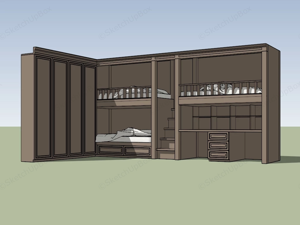 Triple Bunk Bed With Stairs sketchup model preview - SketchupBox