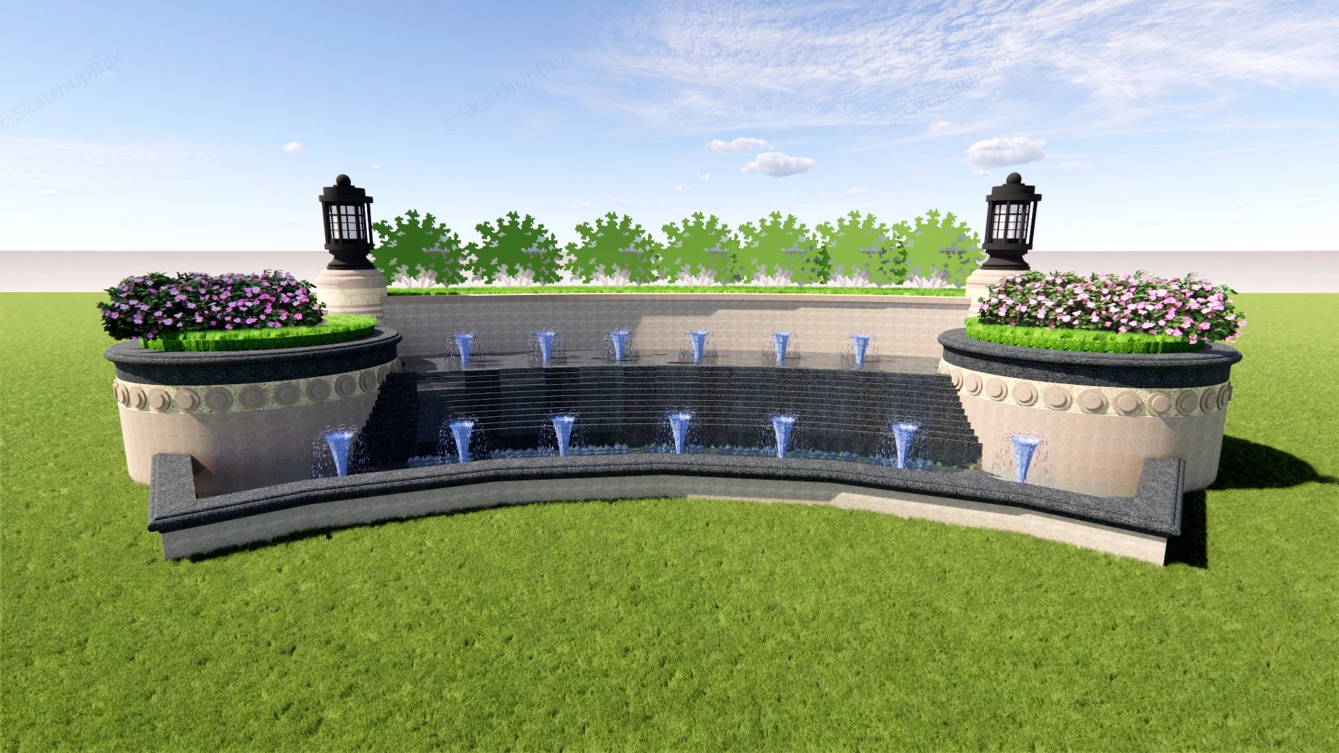 Square Fountain With Cascading Waterfall sketchup model preview - SketchupBox