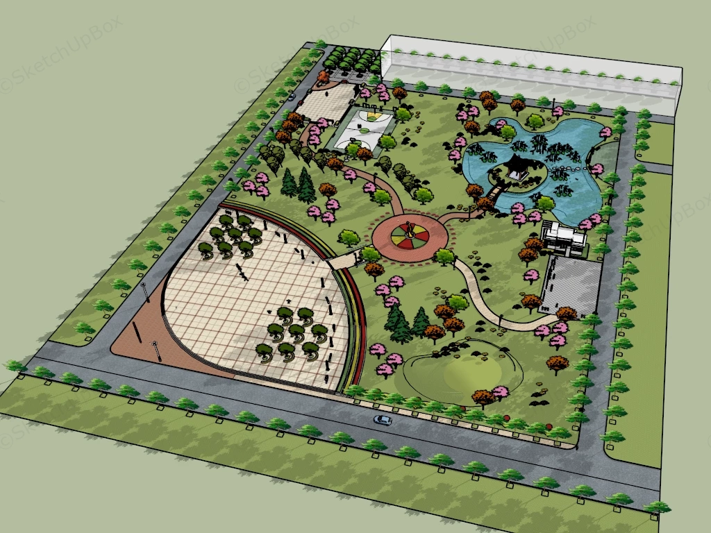 Square Park Design sketchup model preview - SketchupBox
