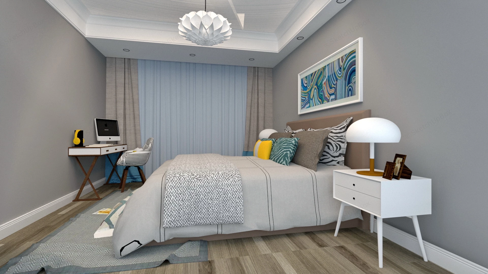 Comfortable Bedroom With Computer Desk sketchup model preview - SketchupBox