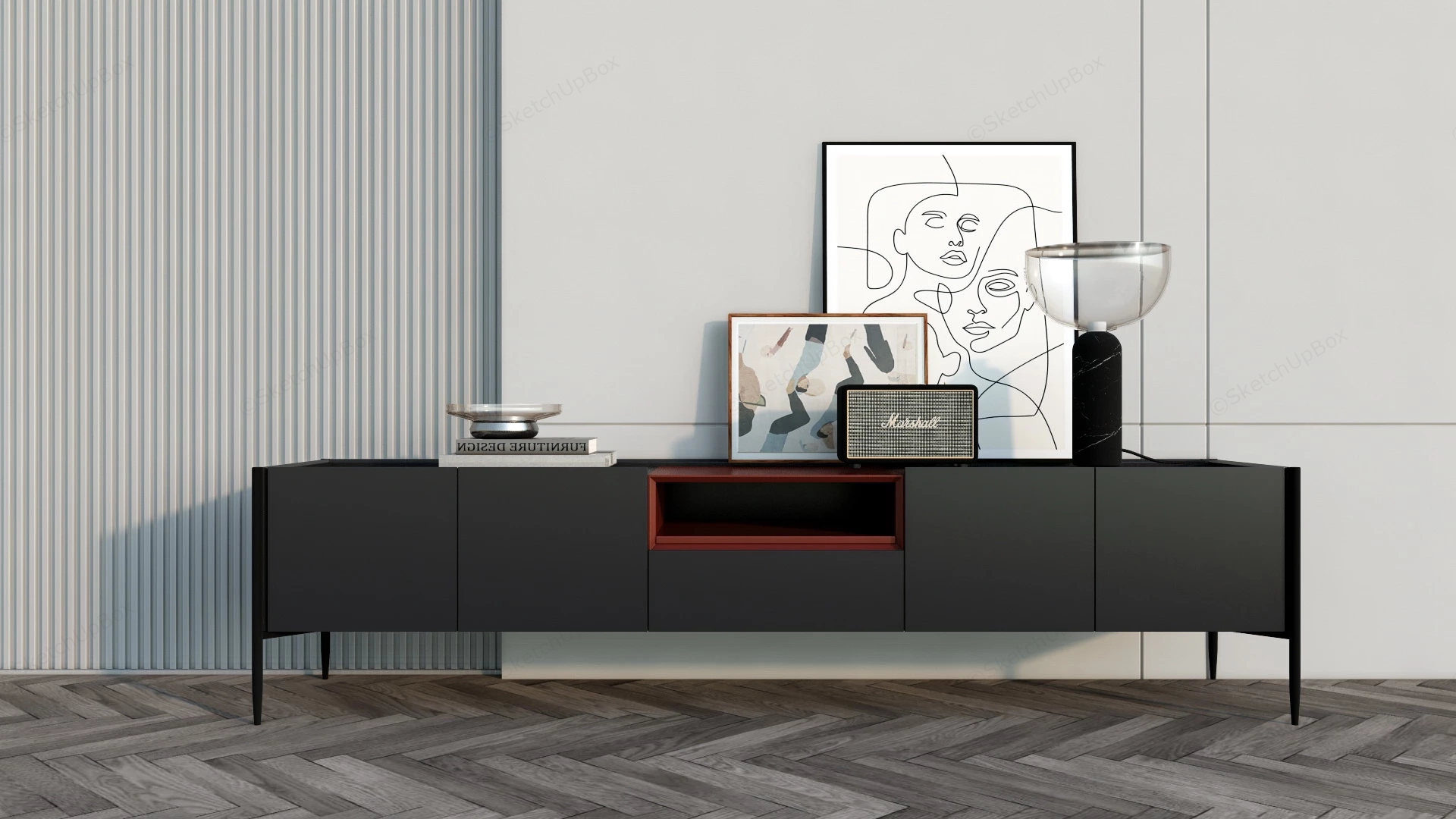 Long Black TV Stand sketchup model preview - SketchupBox