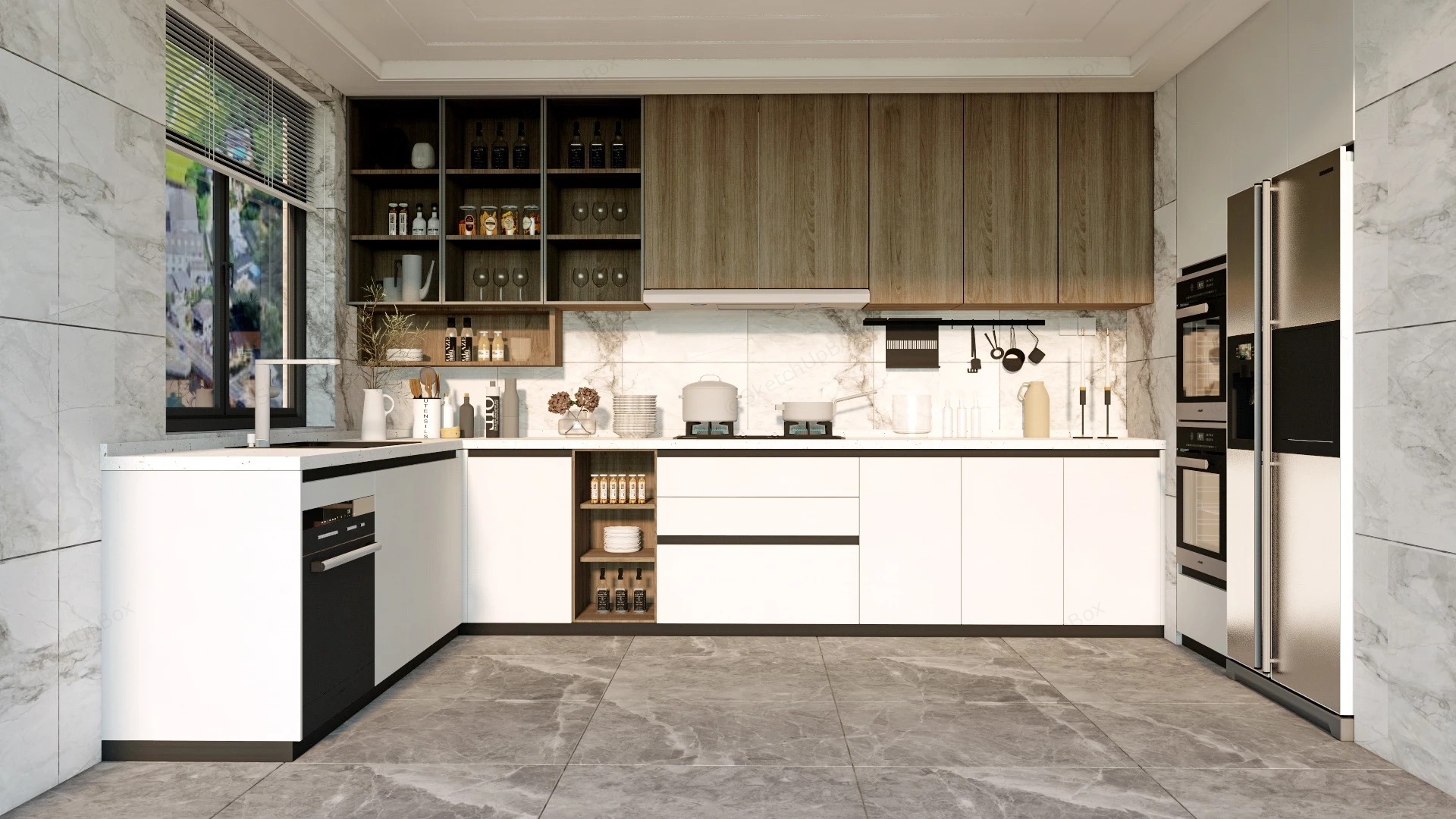 Modern White And Wood Kitchen sketchup model preview - SketchupBox