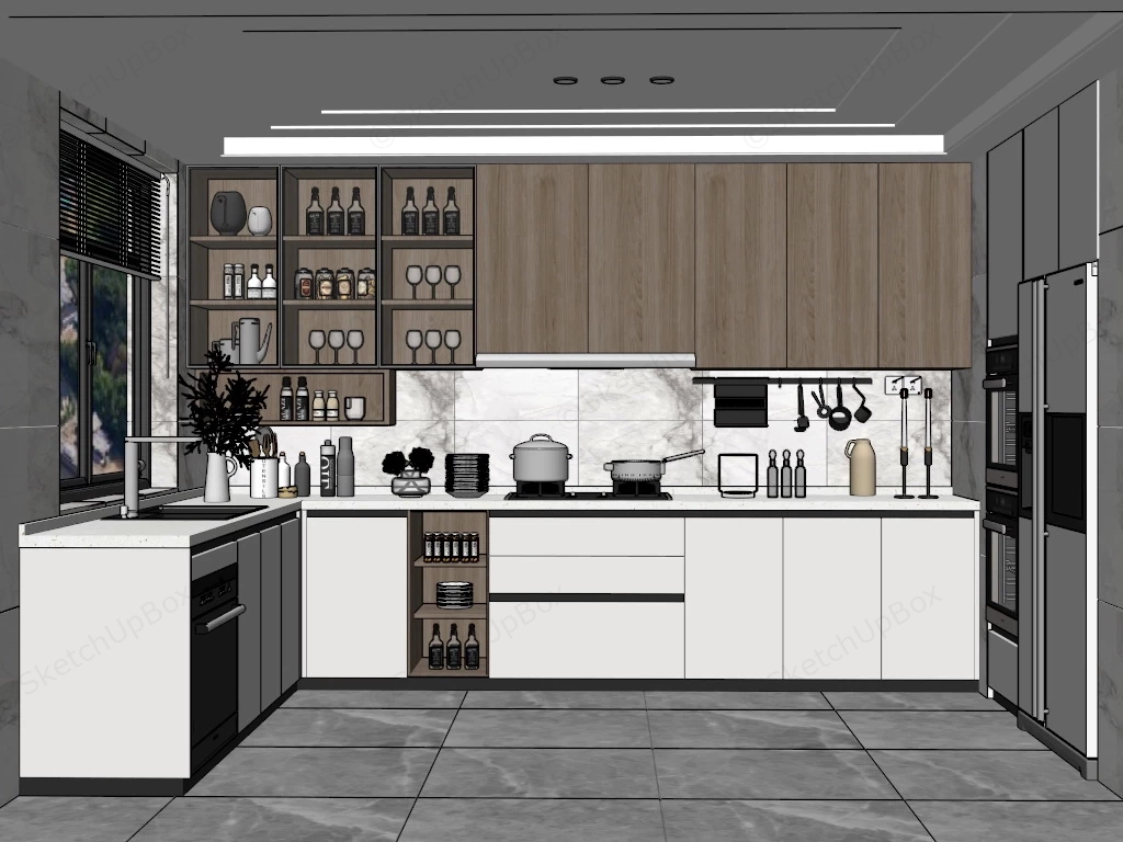 Modern White And Wood Kitchen sketchup model preview - SketchupBox