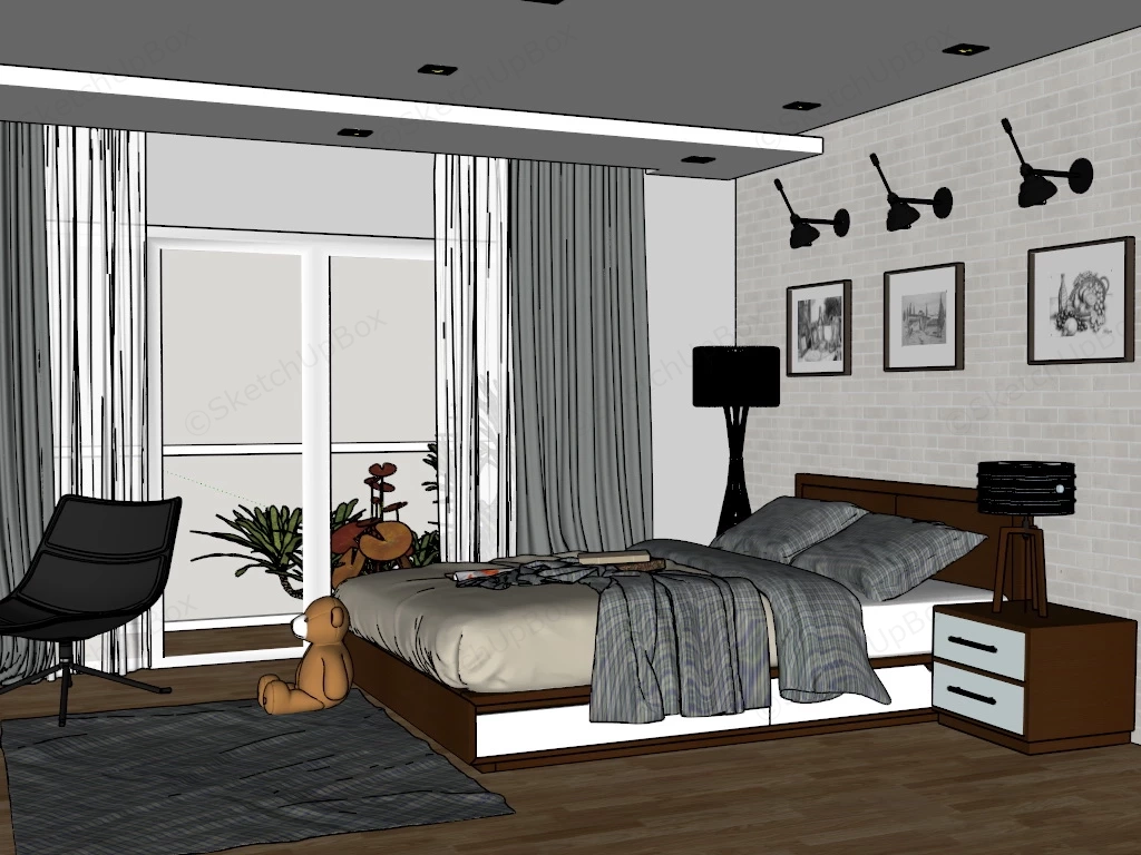 Rustic Bedroom With Desk sketchup model preview - SketchupBox