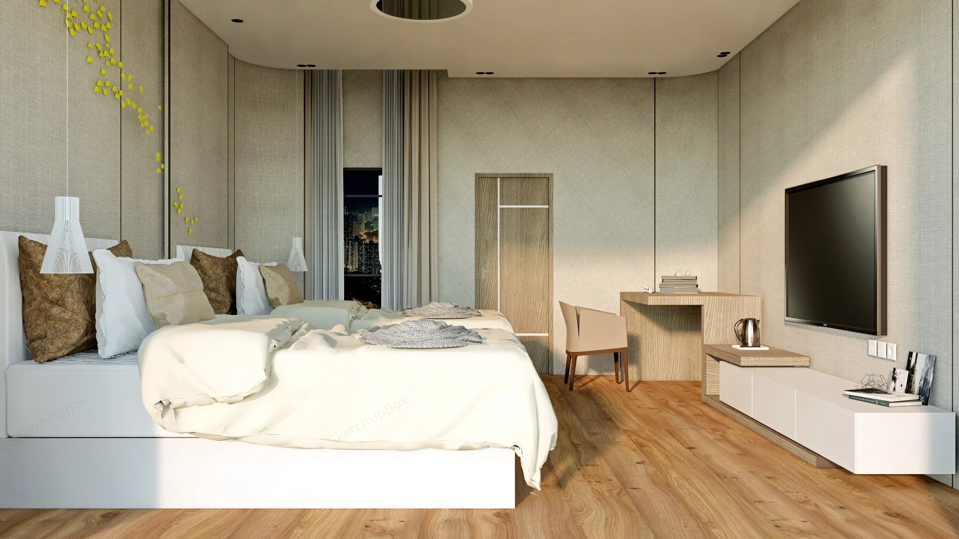 Twin Bed Hotel Room sketchup model preview - SketchupBox