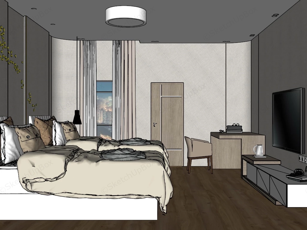 Twin Bed Hotel Room sketchup model preview - SketchupBox