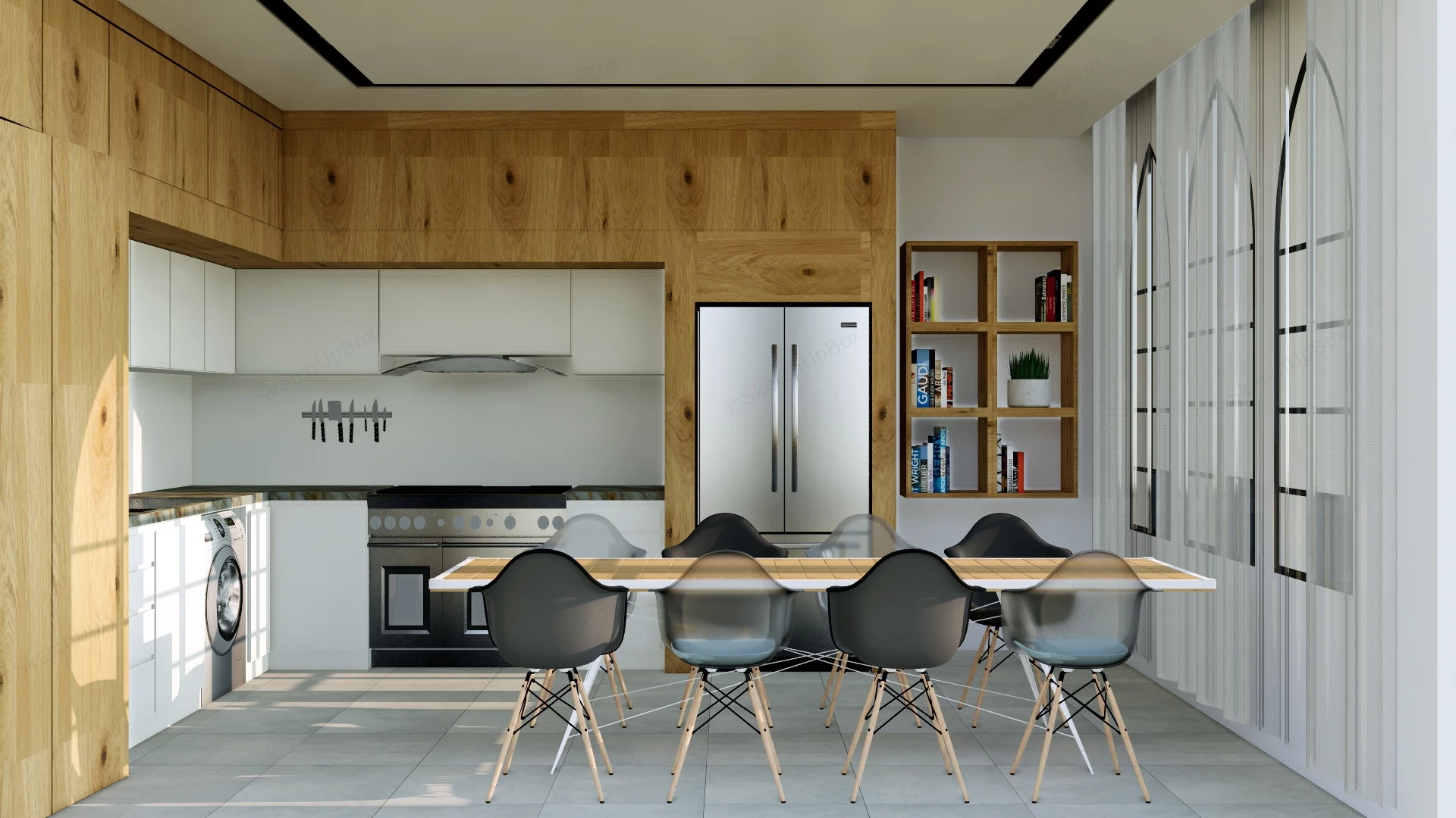 Wood Kitchen With Dining Table Set sketchup model preview - SketchupBox