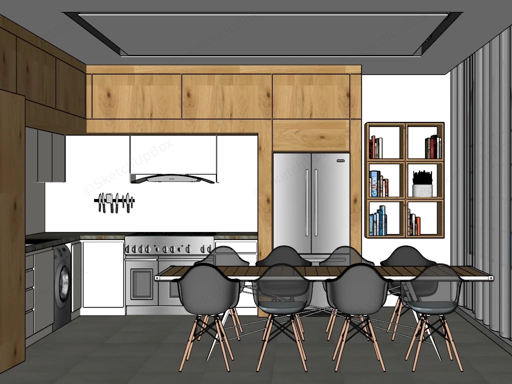 Wood Kitchen With Dining Table Set sketchup model preview - SketchupBox