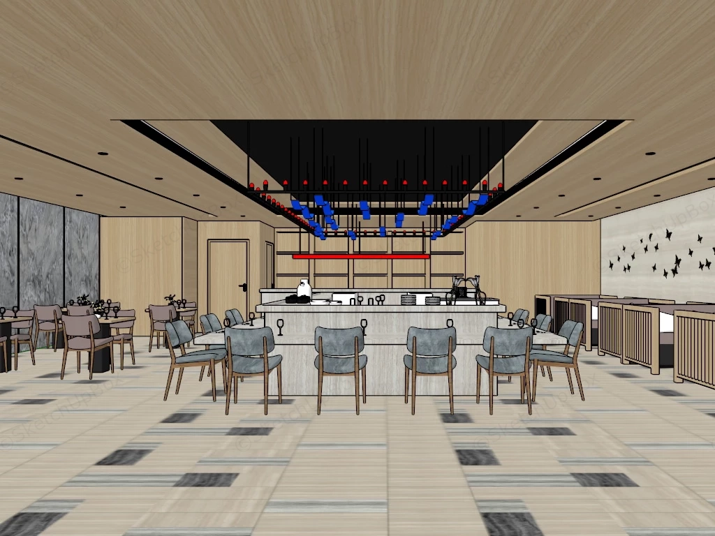 Wood Restaurant & Bar Design sketchup model preview - SketchupBox