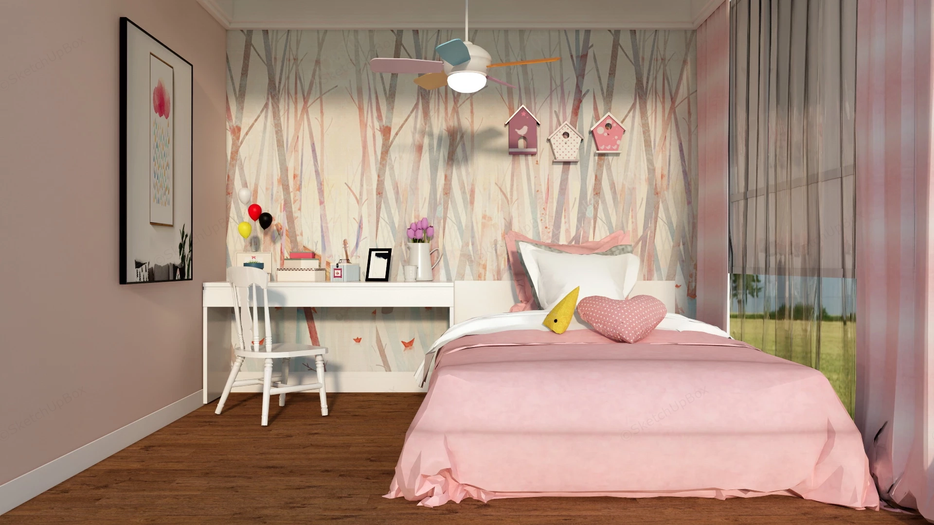 Girls Pink Bedroom sketchup model preview - SketchupBox