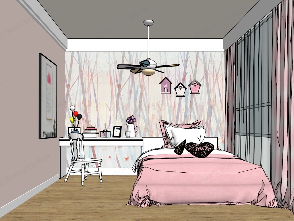 Girls Pink Bedroom sketchup model preview - SketchupBox