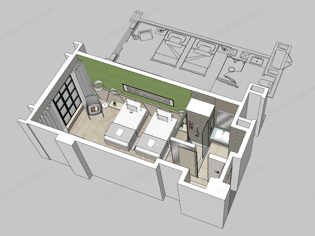 Standard Twin Bed Room sketchup model preview - SketchupBox