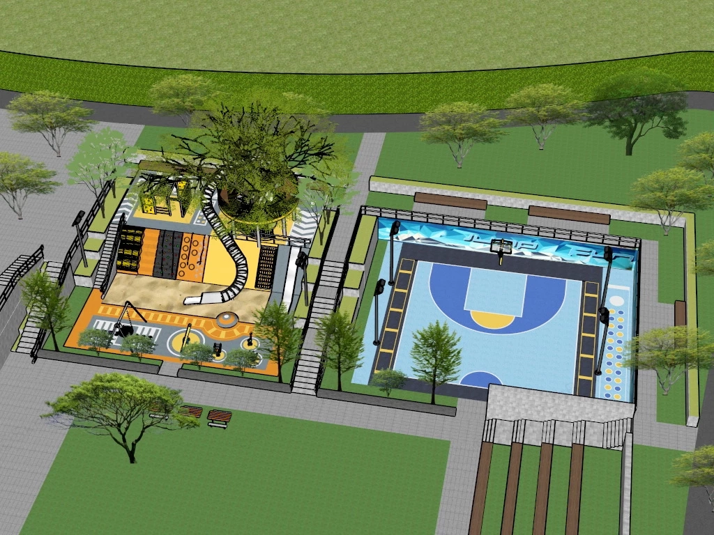 Neighborhood Playground & Basketball Court sketchup model preview - SketchupBox