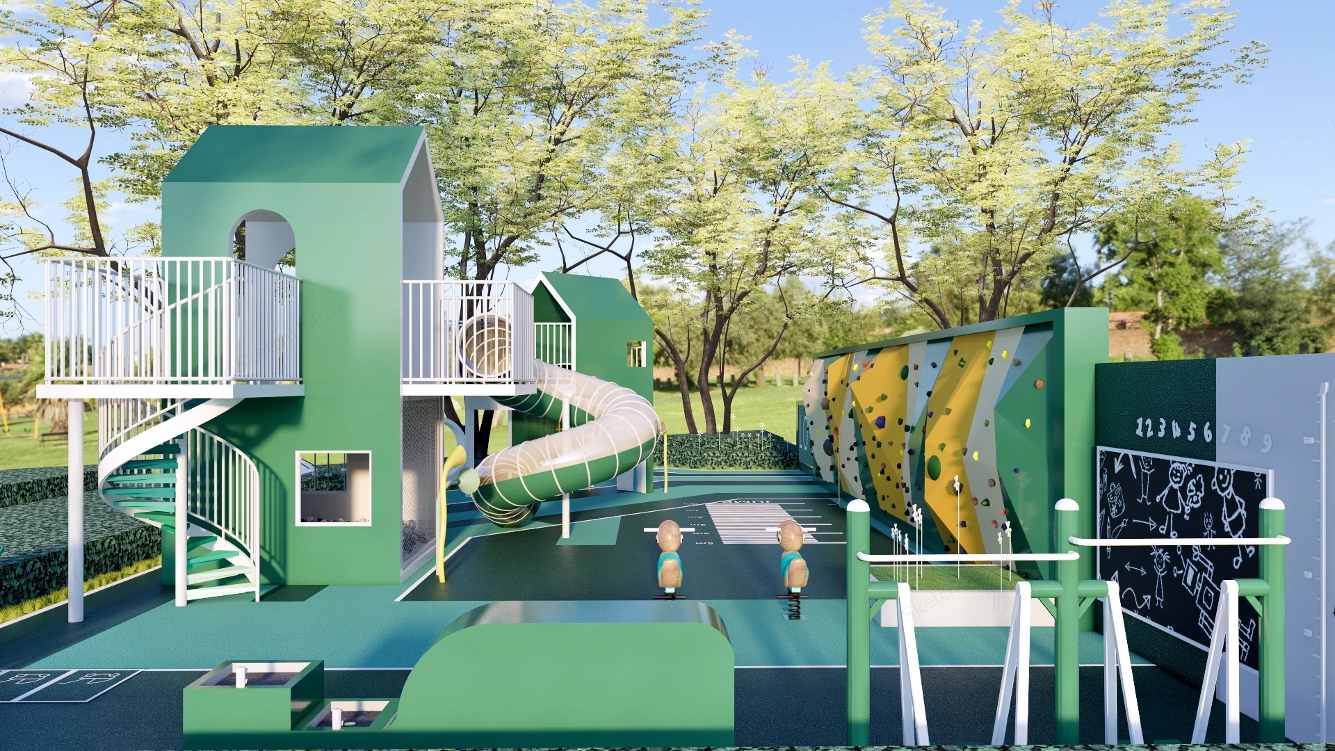 Green Playground With Climbing Wall sketchup model preview - SketchupBox