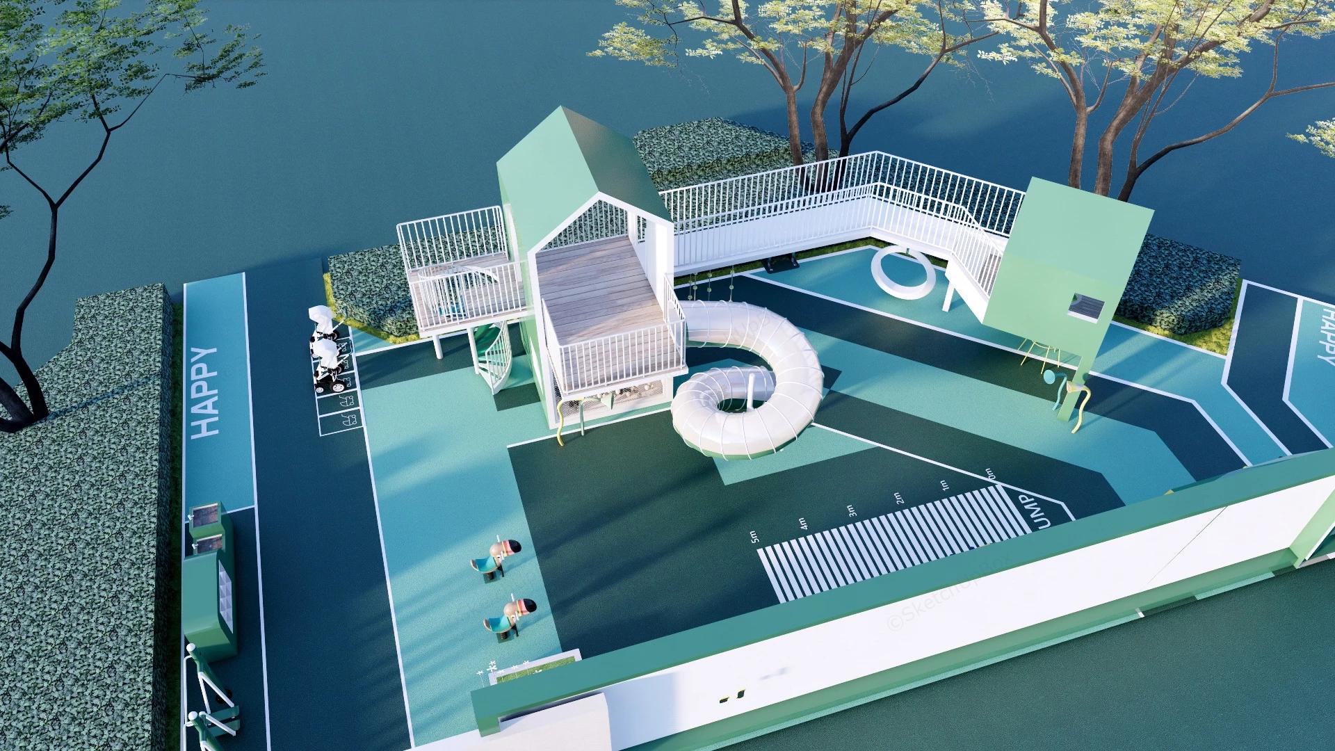 Green Playground With Climbing Wall sketchup model preview - SketchupBox