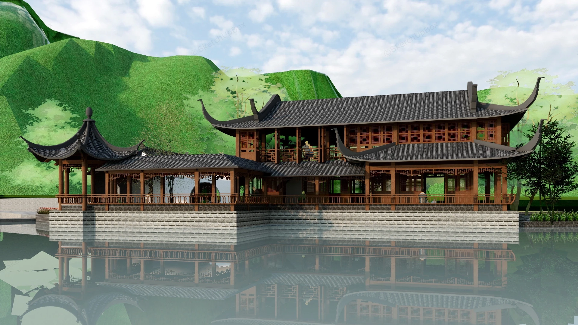 Chinese Waterside Pavilion sketchup model preview - SketchupBox