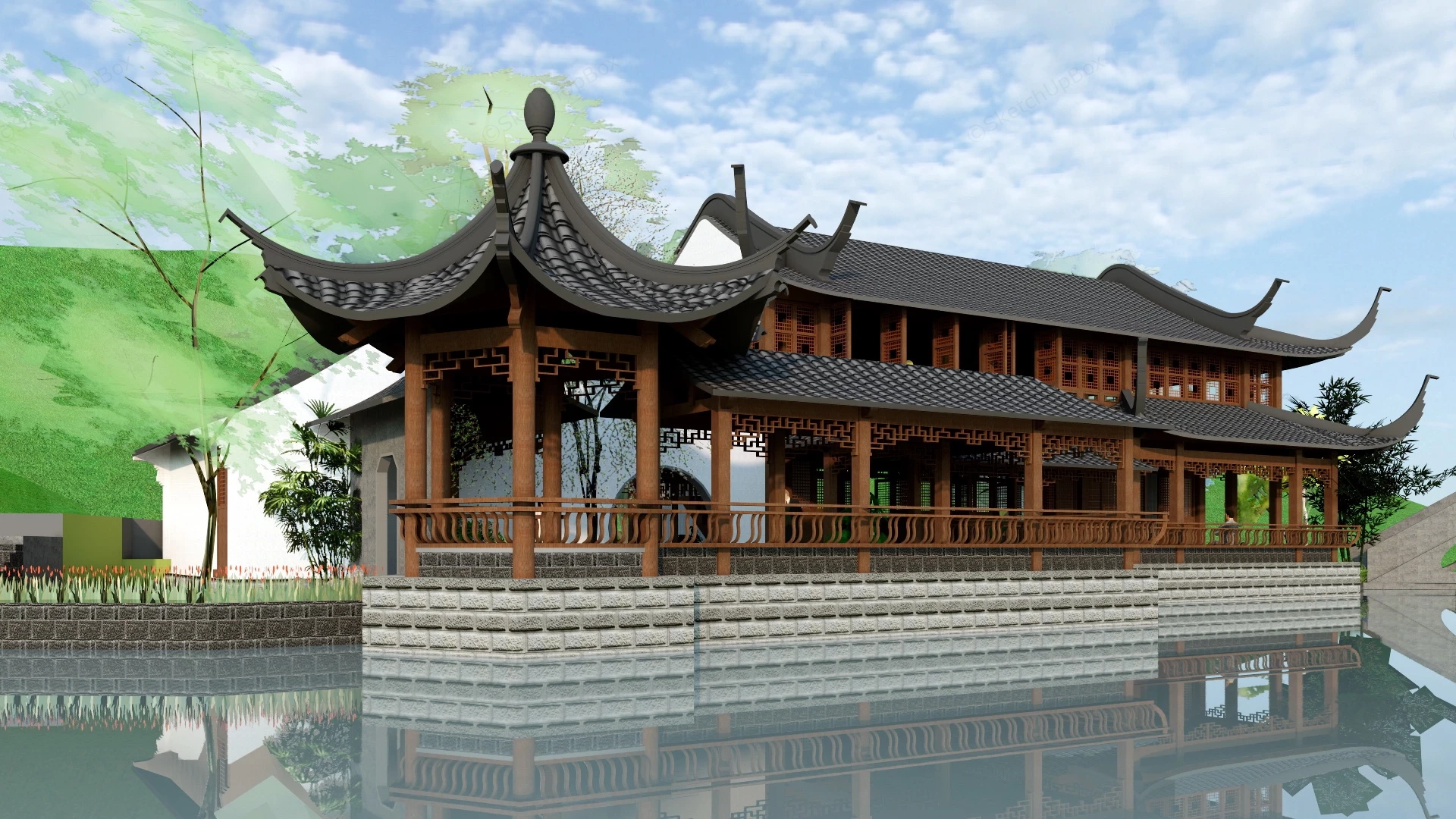 Chinese Waterside Pavilion sketchup model preview - SketchupBox