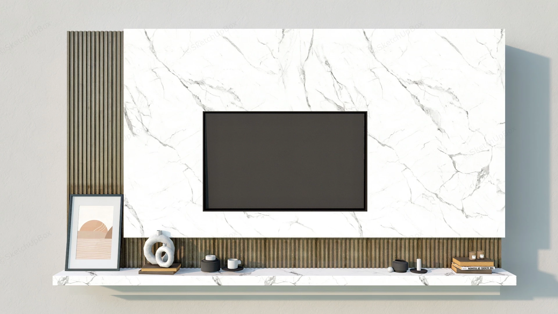 White Marble And Wood Tv Wall sketchup model preview - SketchupBox