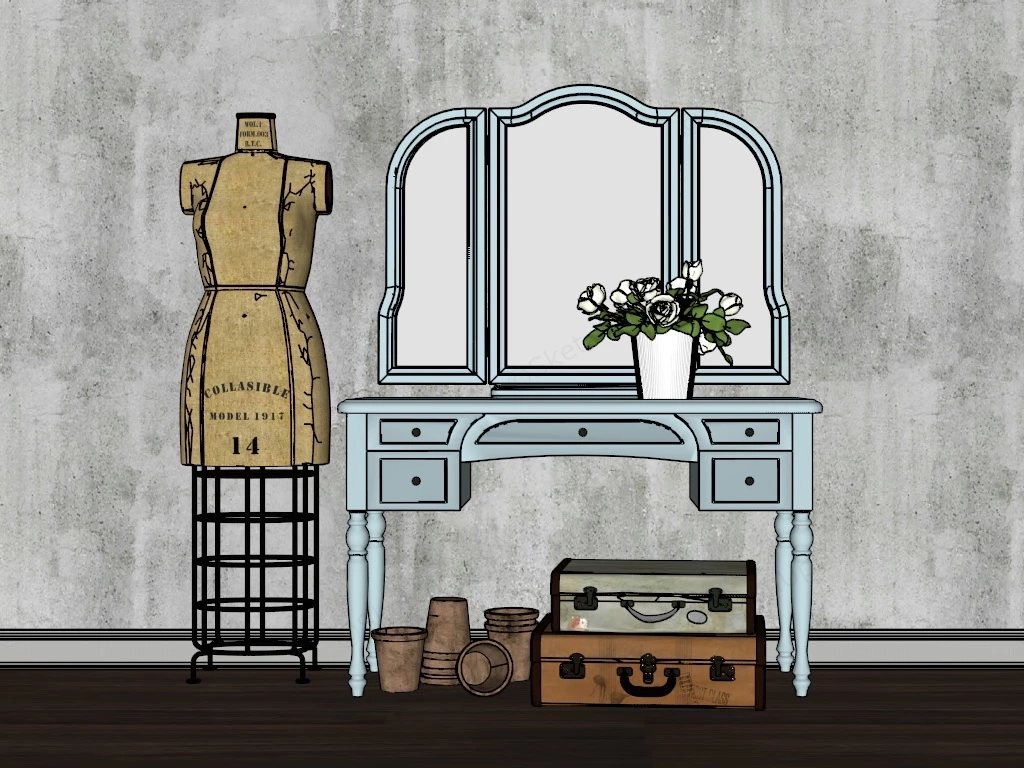 Retro Dressing Table With Mirror sketchup model preview - SketchupBox
