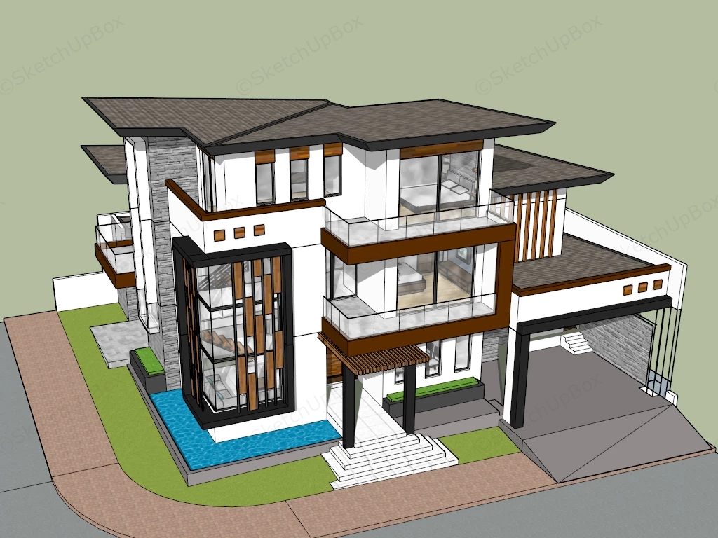 Modern Asian House Design sketchup model preview - SketchupBox