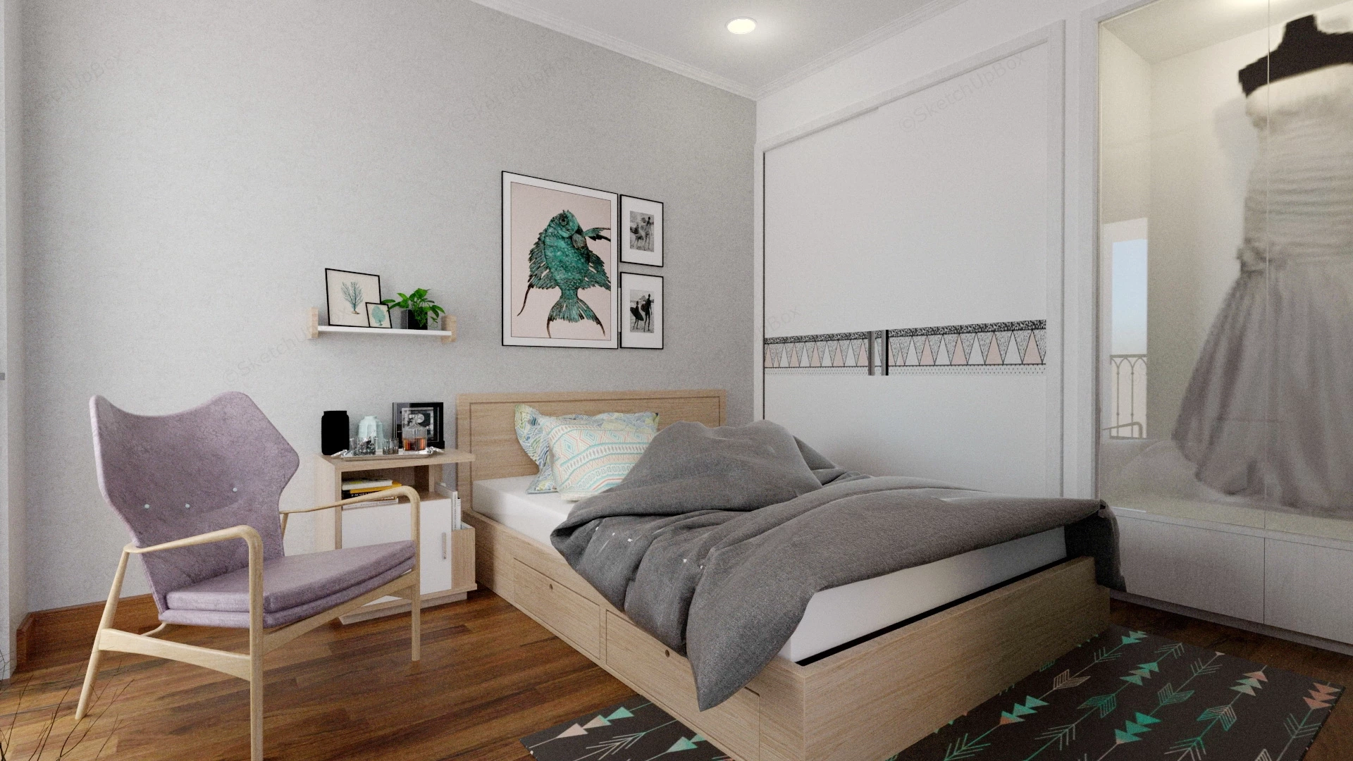 Modern Single Bedroom sketchup model preview - SketchupBox