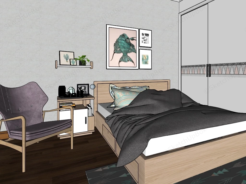 Modern Single Bedroom sketchup model preview - SketchupBox