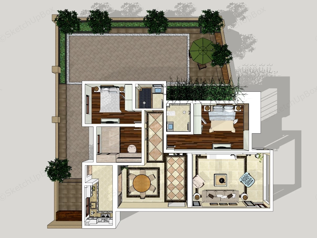 2 Bedroom Apartment With Terrace sketchup model preview - SketchupBox