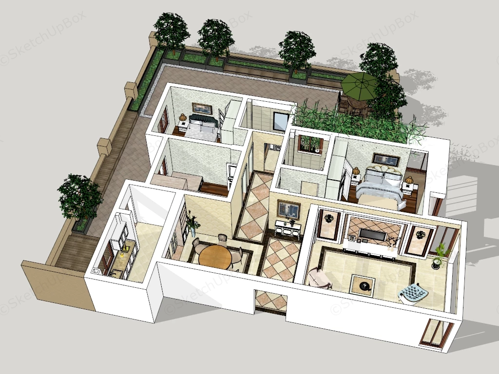 2 Bedroom Apartment With Terrace sketchup model preview - SketchupBox
