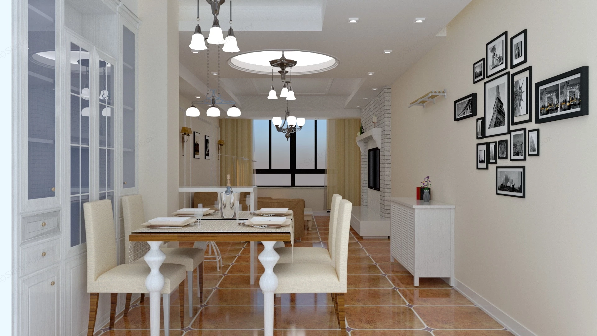 American Country Living And Dining Room sketchup model preview - SketchupBox