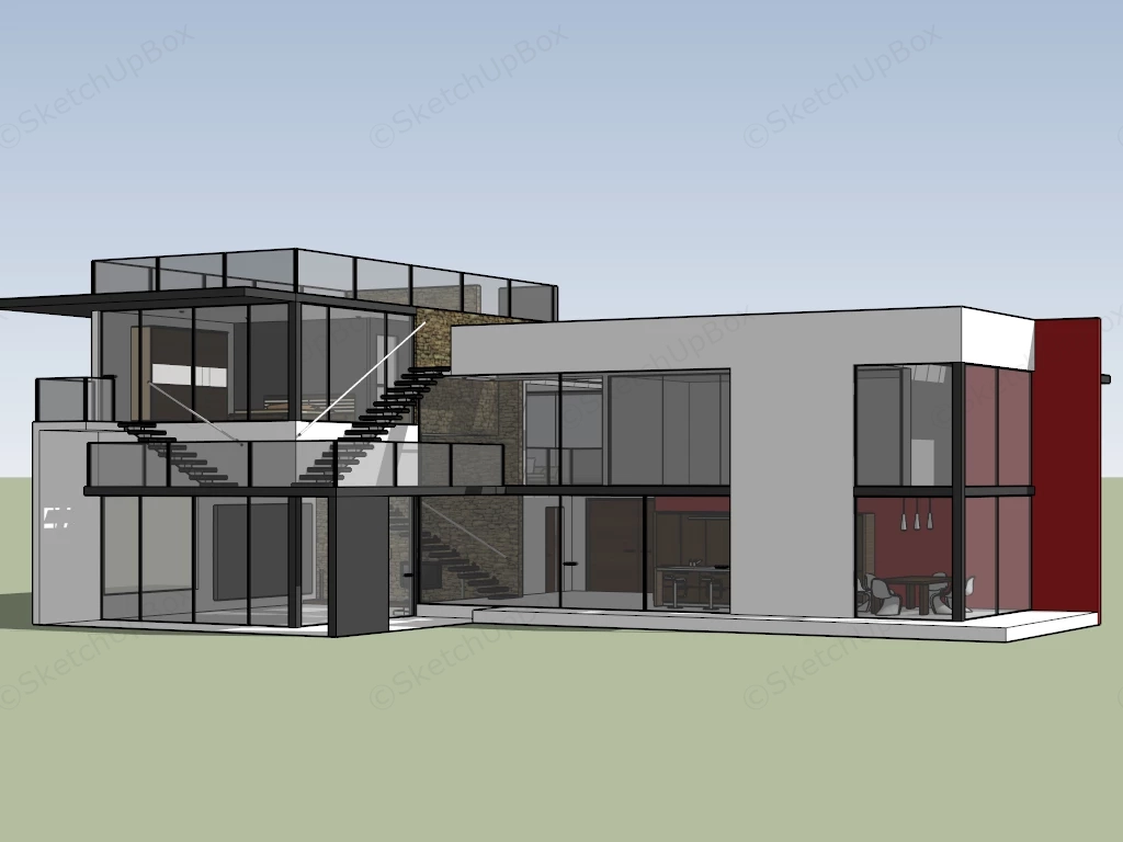 2 Story Modern Glass House sketchup model preview - SketchupBox