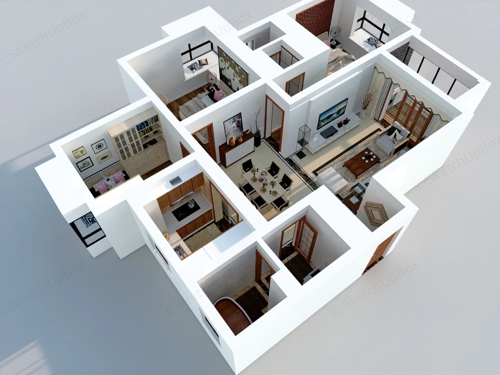 3 Bedroom 2 Bath Apartment sketchup model preview - SketchupBox