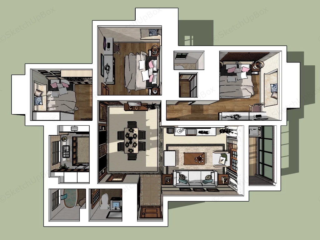 3 Bedroom 2 Bath Apartment sketchup model preview - SketchupBox