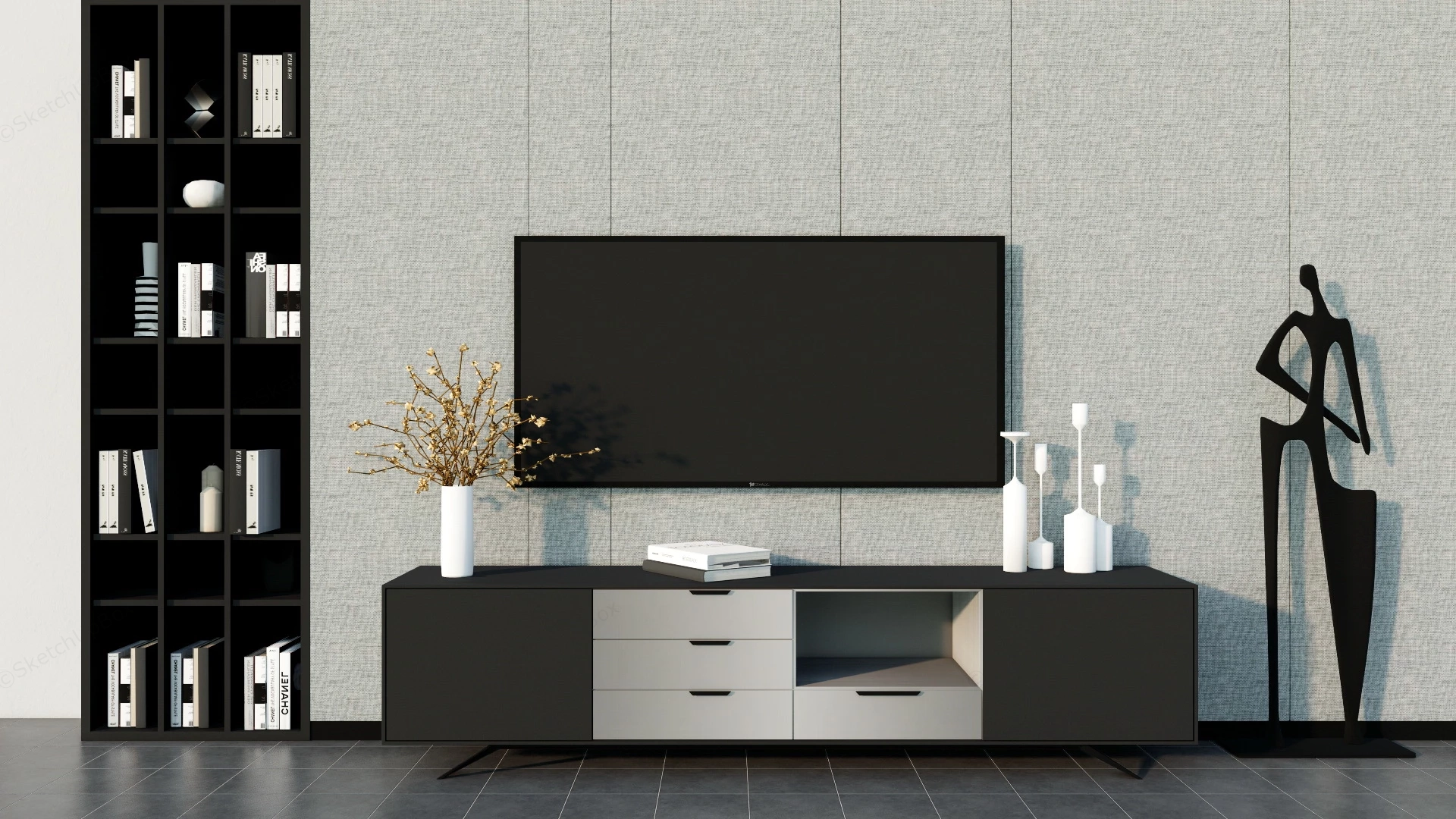 Black Tv Stand Wall Unit sketchup model preview - SketchupBox