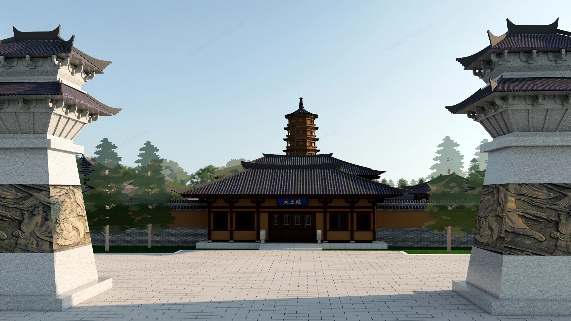 Traditional Chinese Temple sketchup model preview - SketchupBox