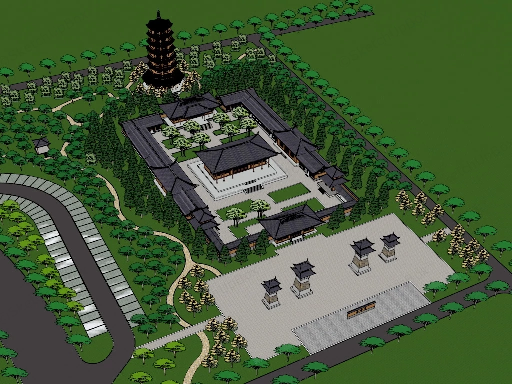 Traditional Chinese Temple sketchup model preview - SketchupBox
