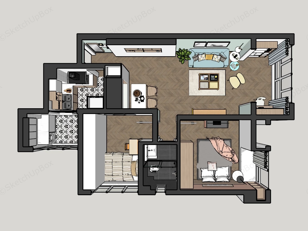 2 Bedroom Small House Plan sketchup model preview - SketchupBox