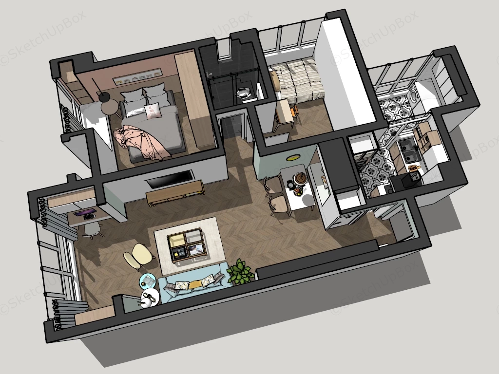 2 Bedroom Small House Plan sketchup model preview - SketchupBox