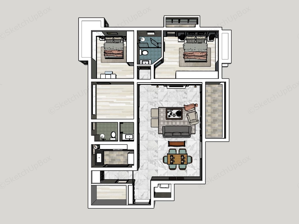 3 Bedroom Home Floor Plan sketchup model preview - SketchupBox