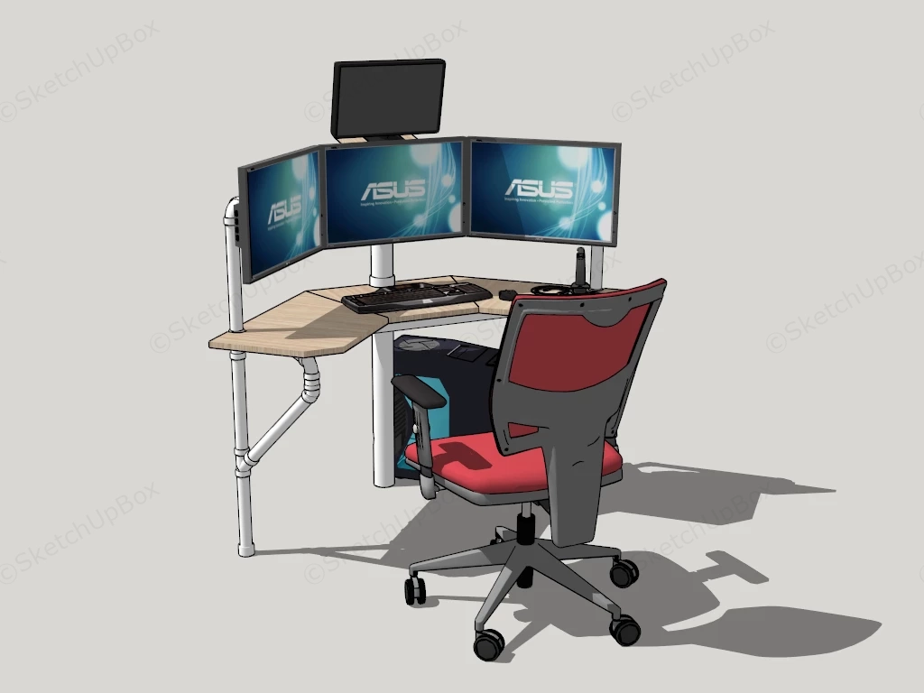 Triple Monitors Computer Desk sketchup model preview - SketchupBox
