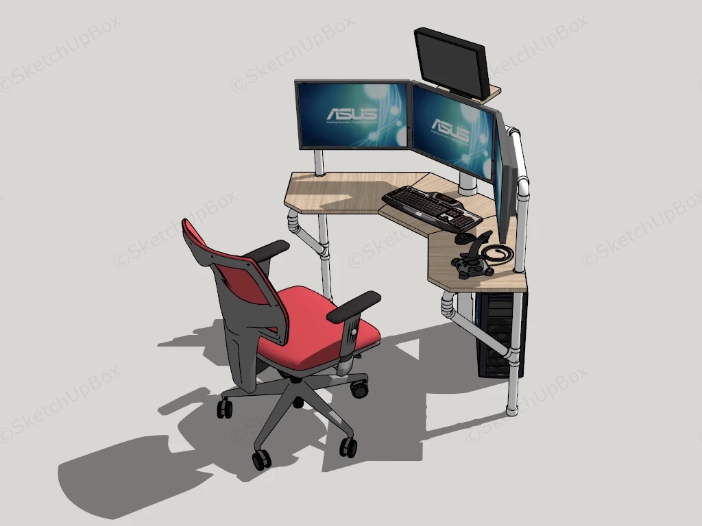 Triple Monitors Computer Desk sketchup model preview - SketchupBox