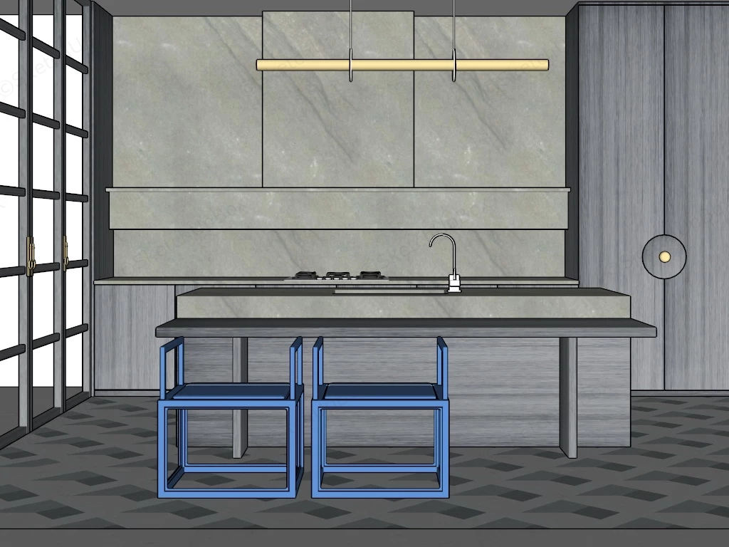 Grey Kitchen With Island sketchup model preview - SketchupBox