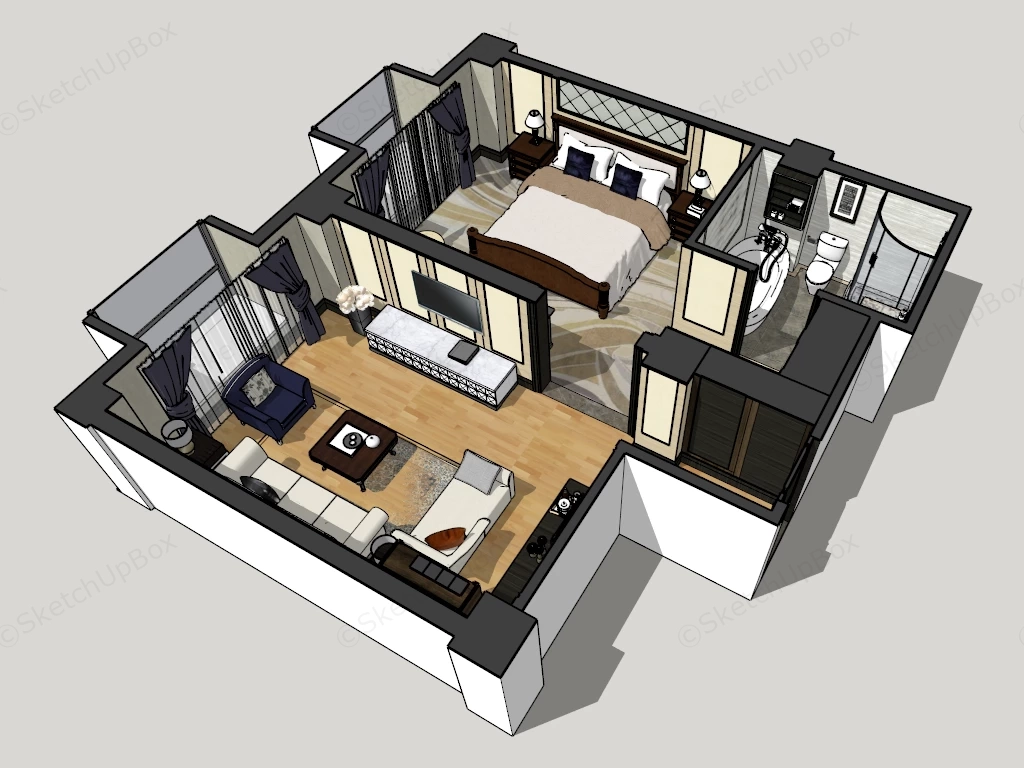 1 Bedroom Apartment Plan sketchup model preview - SketchupBox
