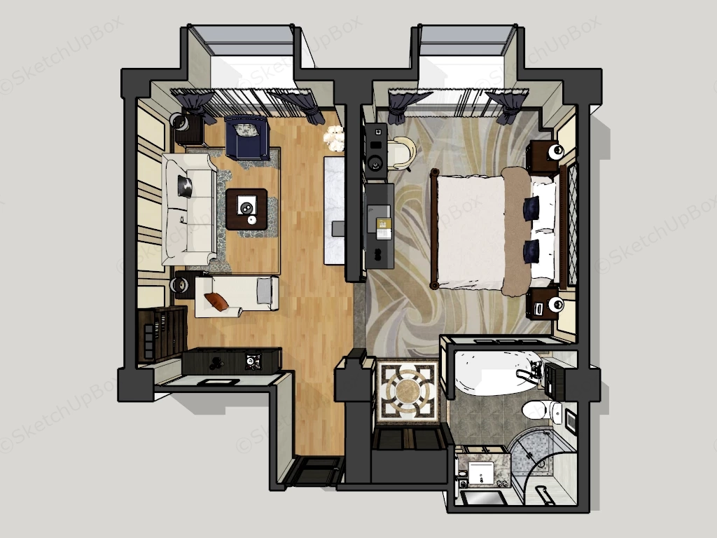 1 Bedroom Apartment Plan sketchup model preview - SketchupBox