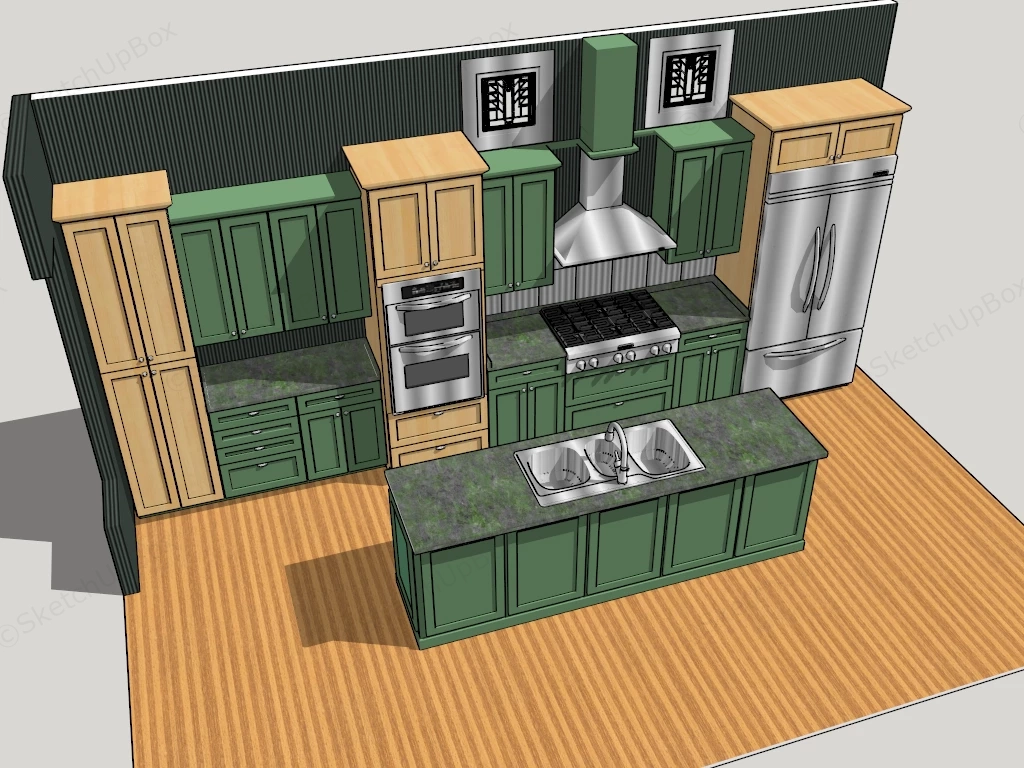 Green Kitchen With Island Idea sketchup model preview - SketchupBox