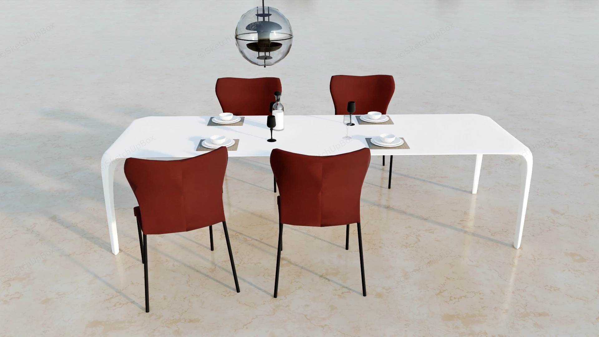 Modern White And Red Dining Set sketchup model preview - SketchupBox