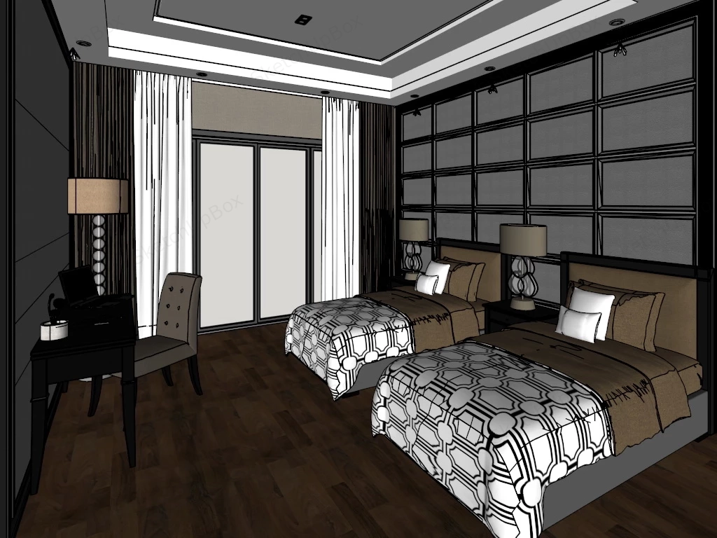 Hotel Twin Bed Design sketchup model preview - SketchupBox